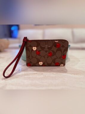 Coach Signature Canvas Wristlet with Red Apple Print